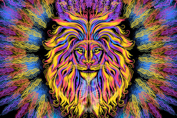 Psy backdrop "Sacrament Lion" blacklight UV active fluorescent psychedelic tapestry wall hanging decoration