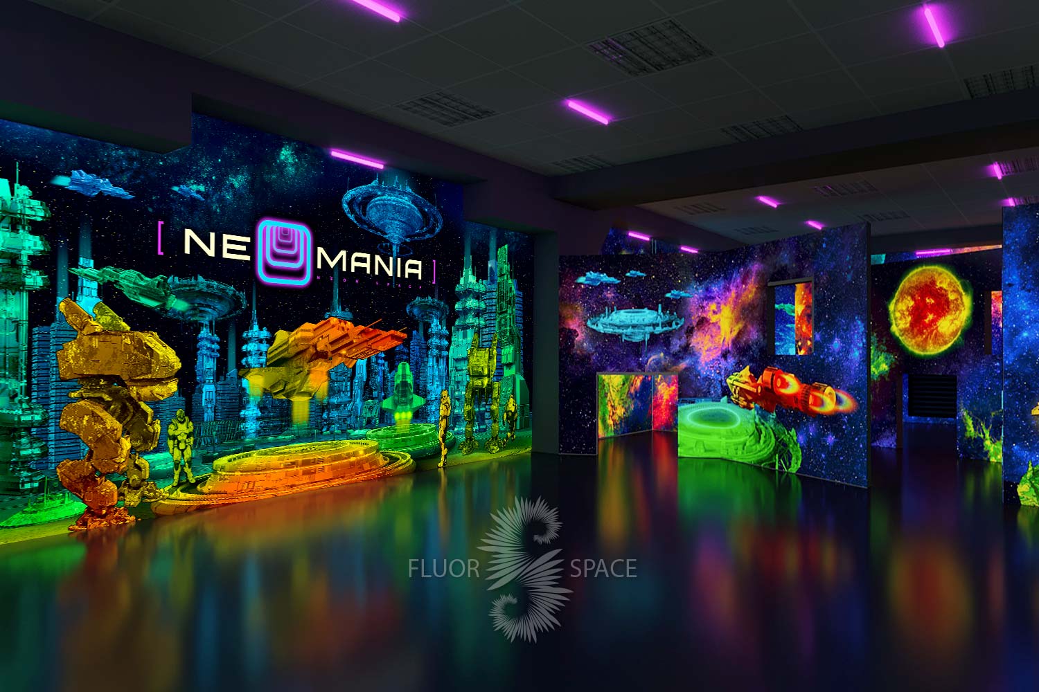 Неоновые 3D декорации Космический город